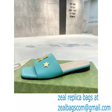 Gucci logo with star leather slides 694858 Blue 2022 - Click Image to Close