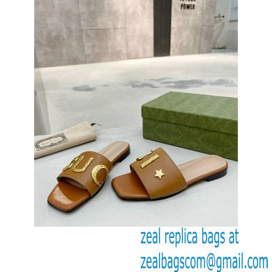 Gucci logo with star leather slides 694858 Brown 2022 - Click Image to Close