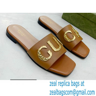 Gucci logo with star leather slides 694858 Brown 2022