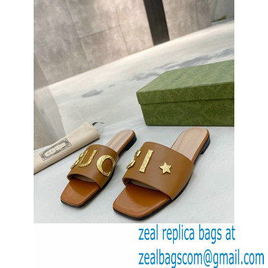 Gucci logo with star leather slides 694858 Brown 2022