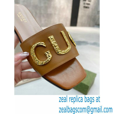 Gucci logo with star leather slides 694858 Brown 2022