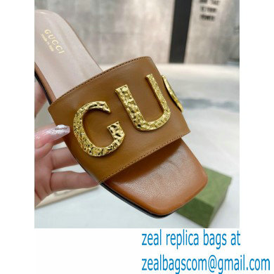 Gucci logo with star leather slides 694858 Brown 2022 - Click Image to Close