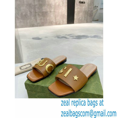 Gucci logo with star leather slides 694858 Brown 2022