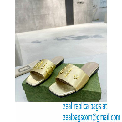 Gucci logo with star leather slides 694858 Gold 2022