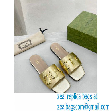 Gucci logo with star leather slides 694858 Gold 2022