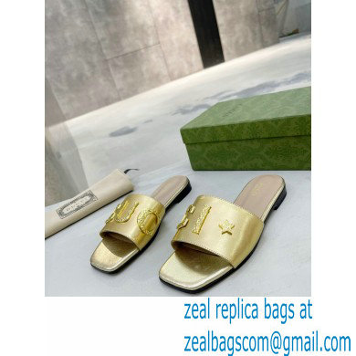 Gucci logo with star leather slides 694858 Gold 2022 - Click Image to Close