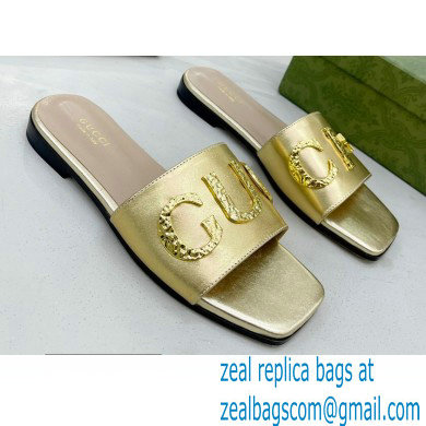 Gucci logo with star leather slides 694858 Gold 2022