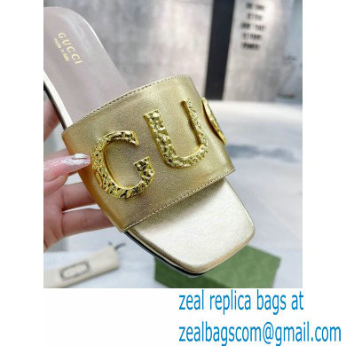 Gucci logo with star leather slides 694858 Gold 2022