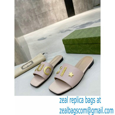 Gucci logo with star leather slides 694858 Light Pink 2022 - Click Image to Close