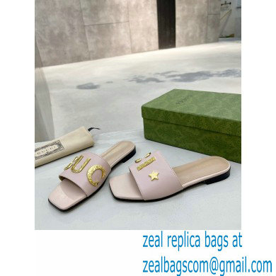Gucci logo with star leather slides 694858 Light Pink 2022 - Click Image to Close