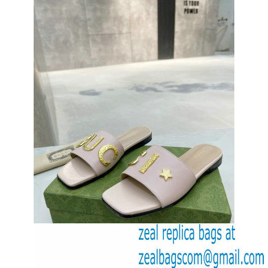 Gucci logo with star leather slides 694858 Light Pink 2022 - Click Image to Close