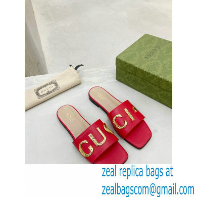 Gucci logo with star leather slides 694858 Red 2022