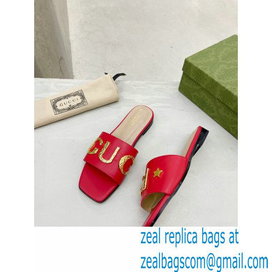 Gucci logo with star leather slides 694858 Red 2022