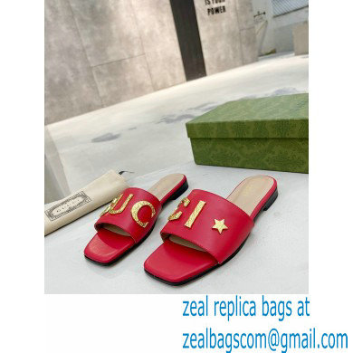 Gucci logo with star leather slides 694858 Red 2022 - Click Image to Close