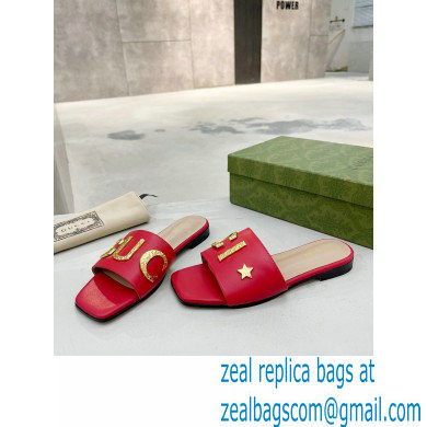 Gucci logo with star leather slides 694858 Red 2022