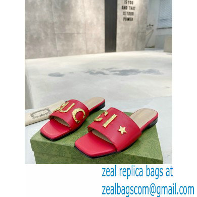 Gucci logo with star leather slides 694858 Red 2022