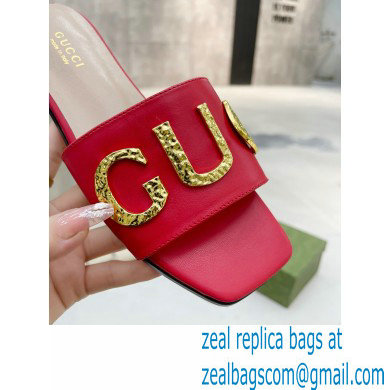 Gucci logo with star leather slides 694858 Red 2022