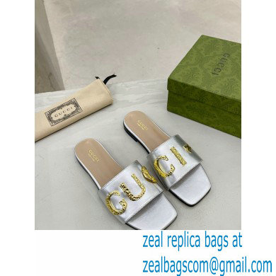 Gucci logo with star leather slides 694858 Silver 2022