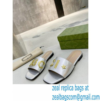 Gucci logo with star leather slides 694858 Silver 2022 - Click Image to Close
