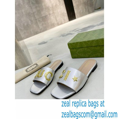 Gucci logo with star leather slides 694858 Silver 2022