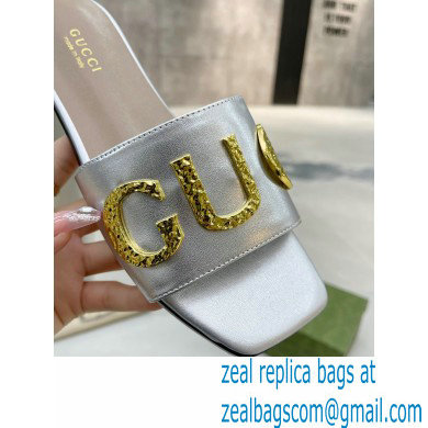 Gucci logo with star leather slides 694858 Silver 2022