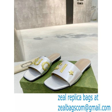 Gucci logo with star leather slides 694858 Silver 2022