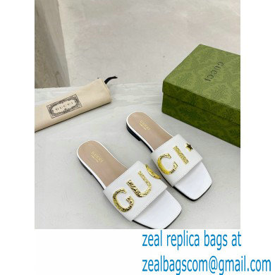 Gucci logo with star leather slides 694858 White 2022 - Click Image to Close