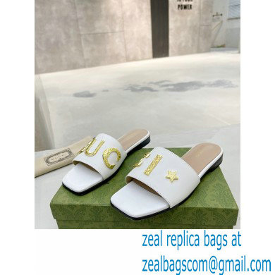 Gucci logo with star leather slides 694858 White 2022