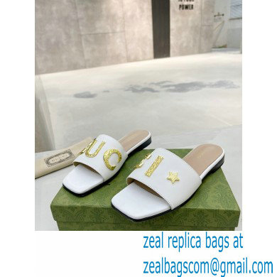 Gucci logo with star leather slides 694858 White 2022 - Click Image to Close