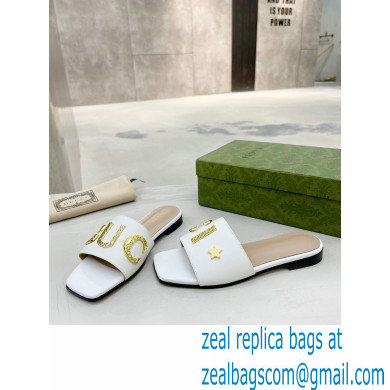 Gucci logo with star leather slides 694858 White 2022