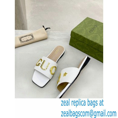 Gucci logo with star leather slides 694858 White 2022