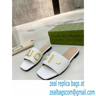 Gucci logo with star leather slides 694858 White 2022 - Click Image to Close