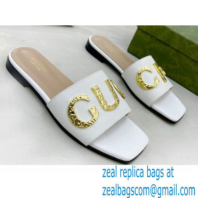Gucci logo with star leather slides 694858 White 2022 - Click Image to Close