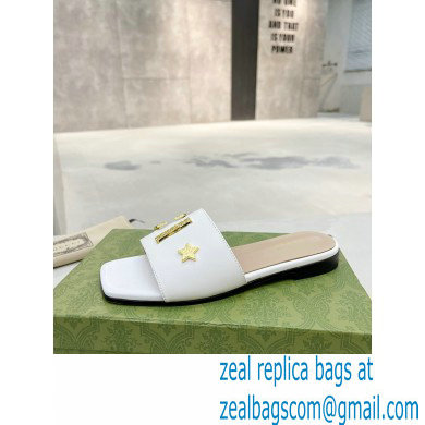 Gucci logo with star leather slides 694858 White 2022 - Click Image to Close