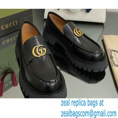 Gucci lug sole Loafers Brushed Leather Black with Double G 2022 - Click Image to Close