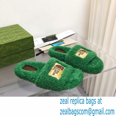 Gucci x The North Face shearling slides Green 2022 - Click Image to Close