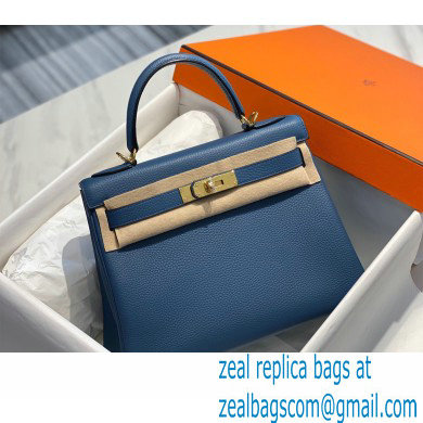 Hermes Kelly 28cm/32cm Bag In clemence Leather With Gold Hardware bleu agate - Click Image to Close