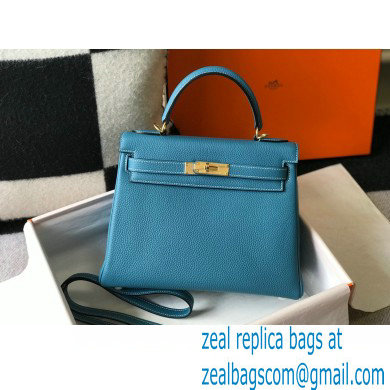 Hermes Kelly 28cm/32cm Bag In clemence Leather With Gold Hardware denim blue
