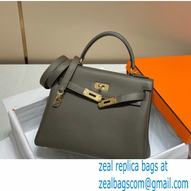 Hermes Kelly 28cm/32cm Bag In clemence Leather With Gold Hardware gris etain