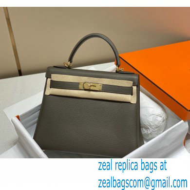 Hermes Kelly 28cm/32cm Bag In clemence Leather With Gold Hardware gris etain