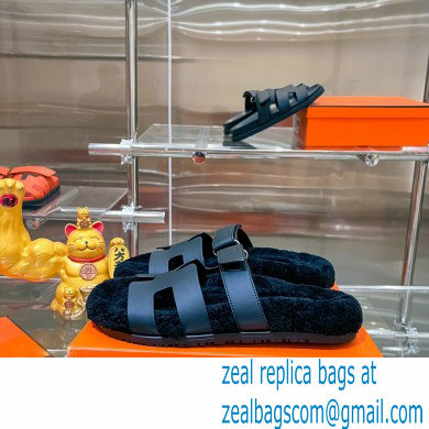 Hermes woolskin lining Chypre sandals Leather Black 2022 - Click Image to Close