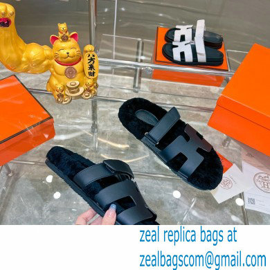 Hermes woolskin lining Chypre sandals Leather Black 2022