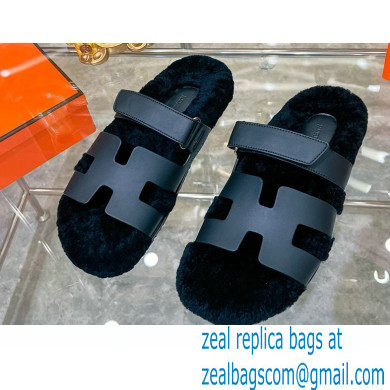 Hermes woolskin lining Chypre sandals Leather Black 2022