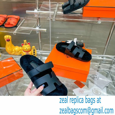 Hermes woolskin lining Chypre sandals Leather Black 2022