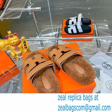 Hermes woolskin lining Chypre sandals Leather Brown 2022