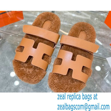 Hermes woolskin lining Chypre sandals Leather Brown 2022