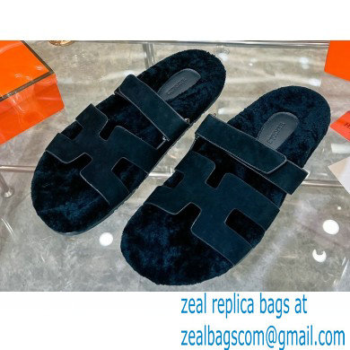 Hermes woolskin lining Chypre sandals Suede Black 2022