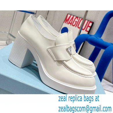 Prada Chocolate high-heeled brushed leather loafers White 2022