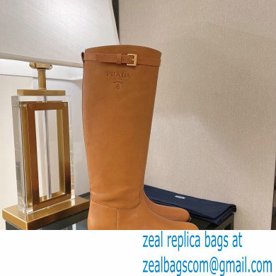 Prada Logo Embossed High Boots Brown with Buckle 2022