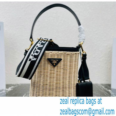 Prada Wicker and canvas bucket bag 1BE062 Black 2022 - Click Image to Close